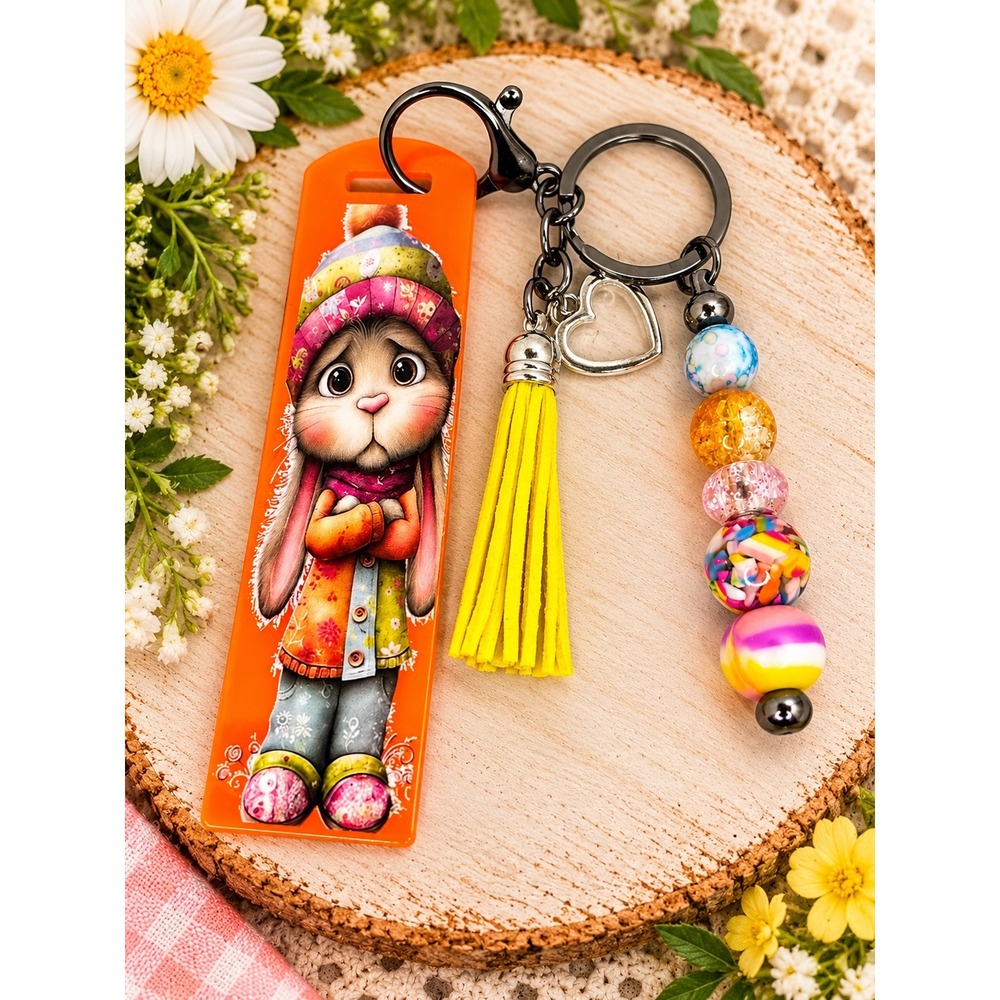 Handmade Bunny Keychain Orange Acrylic Tag Yellow Tassel Beaded Bag Charm 17